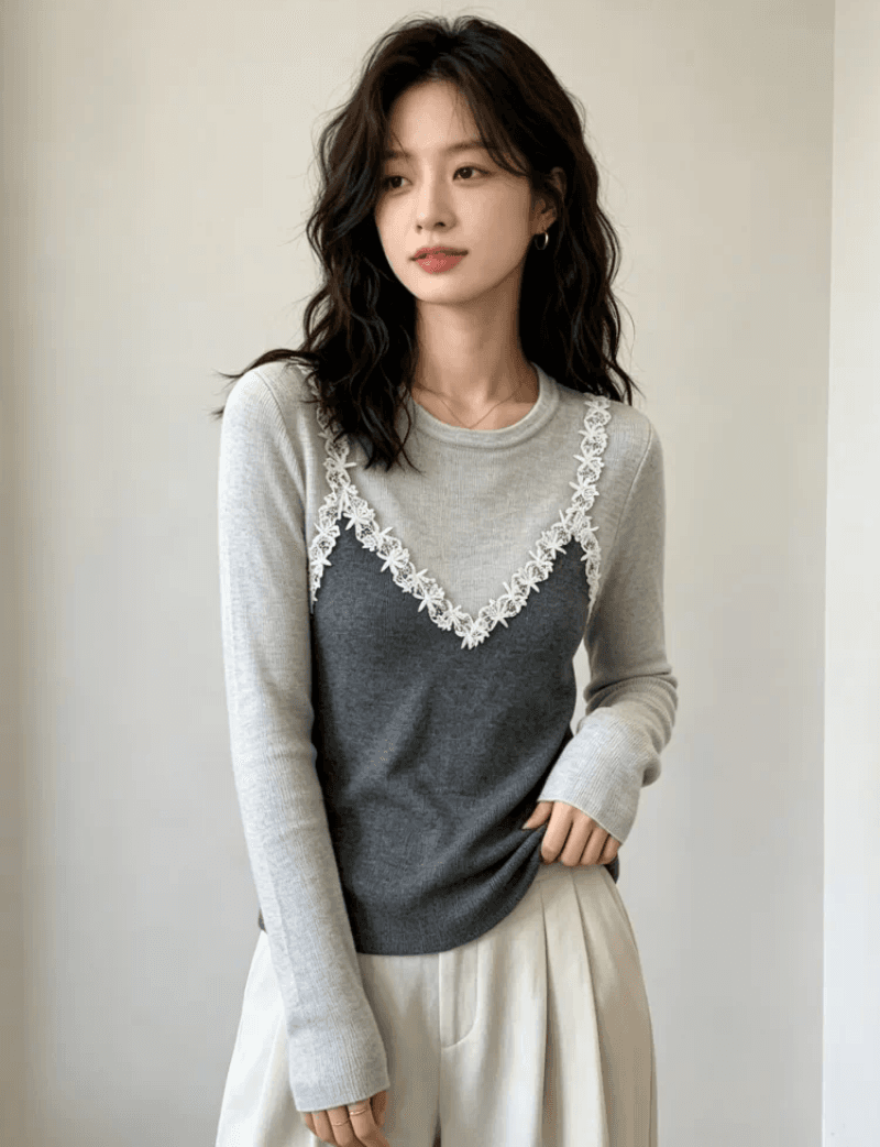 2026 가을 새로운 라운드 넥 자수 패치워크 페이크 레이어드 니트 스웨터 여성 세련된 외국 가스 고급 센스 착용 잡아라. 의류 상세 이미지 2