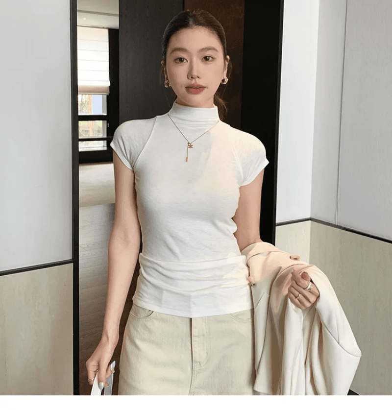 한 부서 반하이넥 긍정적 인 어깨 반팔 티셔츠 여성 가을 2026 새로운 몸매 가꾸기 슬림해 보이는 품격 인사이드 가져 가라. 만나는 맨위 상세 이미지 4