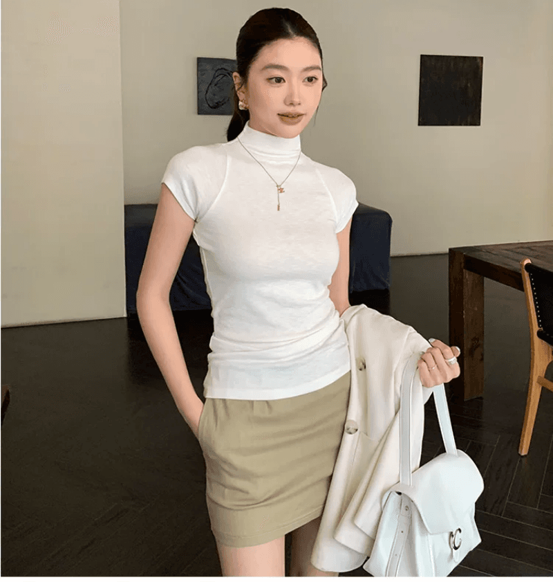 한 부서 반하이넥 긍정적 인 어깨 반팔 티셔츠 여성 가을 2026 새로운 몸매 가꾸기 슬림해 보이는 품격 인사이드 가져 가라. 만나는 맨위 상세 이미지 6