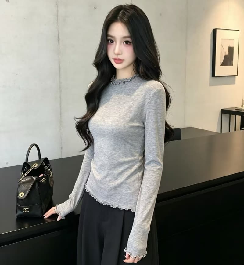 프릴 반하이넥 기본 셔츠 여성 가을 단색 인사이드 가져 가라. 몸매 가꾸기 슬림해 보이는 긴팔 티셔츠 미니멀리즘 다용도 맨위 이미지 4
