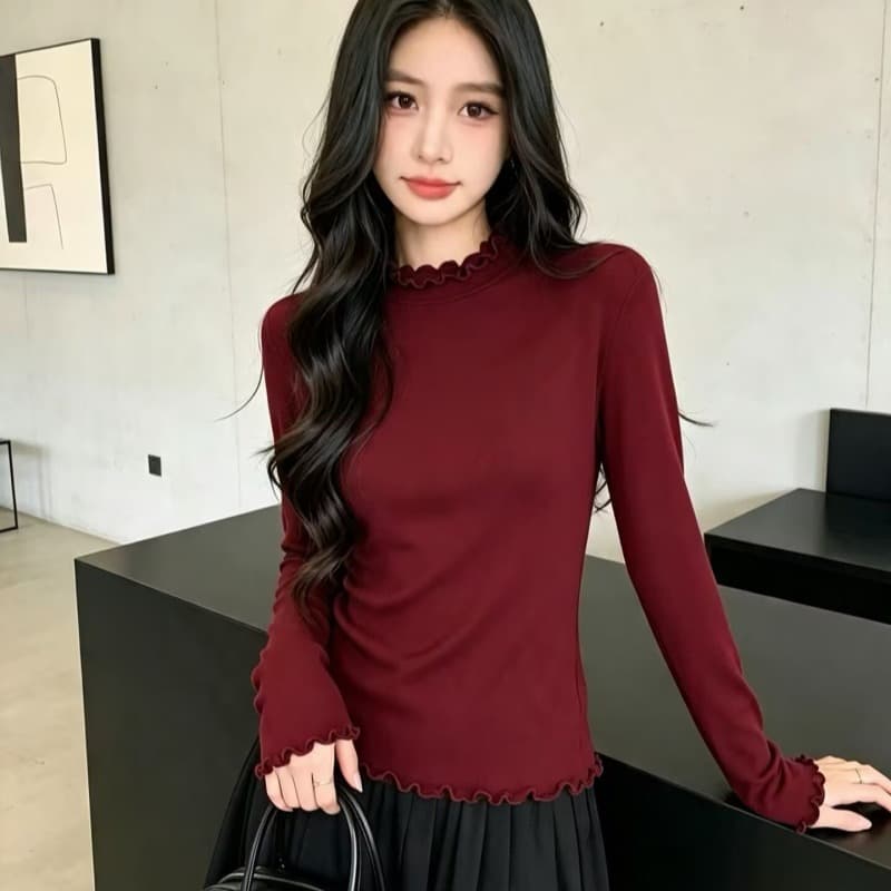 프릴 반하이넥 기본 셔츠 여성 가을 단색 인사이드 가져 가라. 몸매 가꾸기 슬림해 보이는 긴팔 티셔츠 미니멀리즘 다용도 맨위 이미지 6