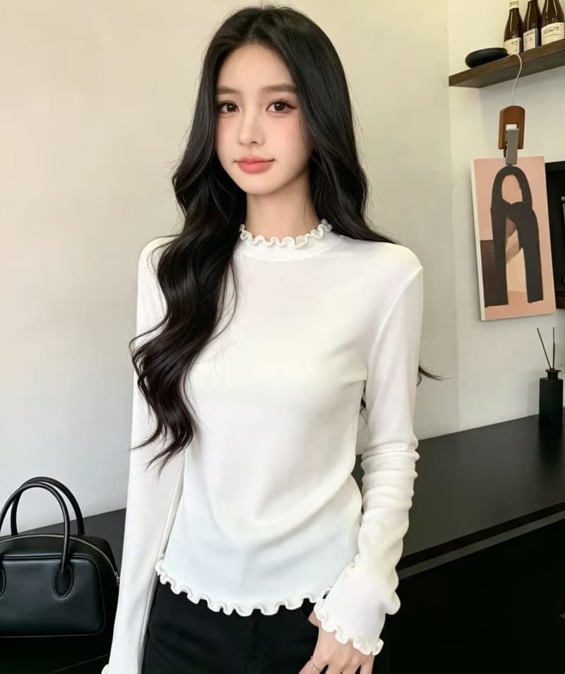 프릴 반하이넥 기본 셔츠 여성 가을 단색 인사이드 가져 가라. 몸매 가꾸기 슬림해 보이는 긴팔 티셔츠 미니멀리즘 다용도 맨위 상세 이미지 1