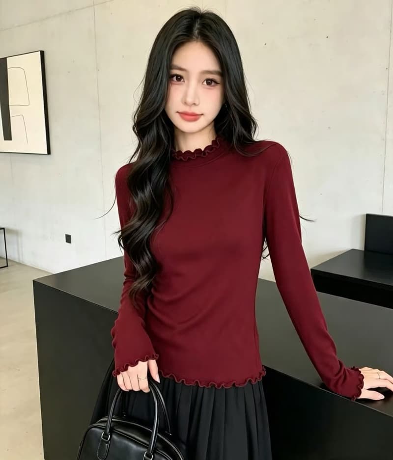 프릴 반하이넥 기본 셔츠 여성 가을 단색 인사이드 가져 가라. 몸매 가꾸기 슬림해 보이는 긴팔 티셔츠 미니멀리즘 다용도 맨위 상세 이미지 2