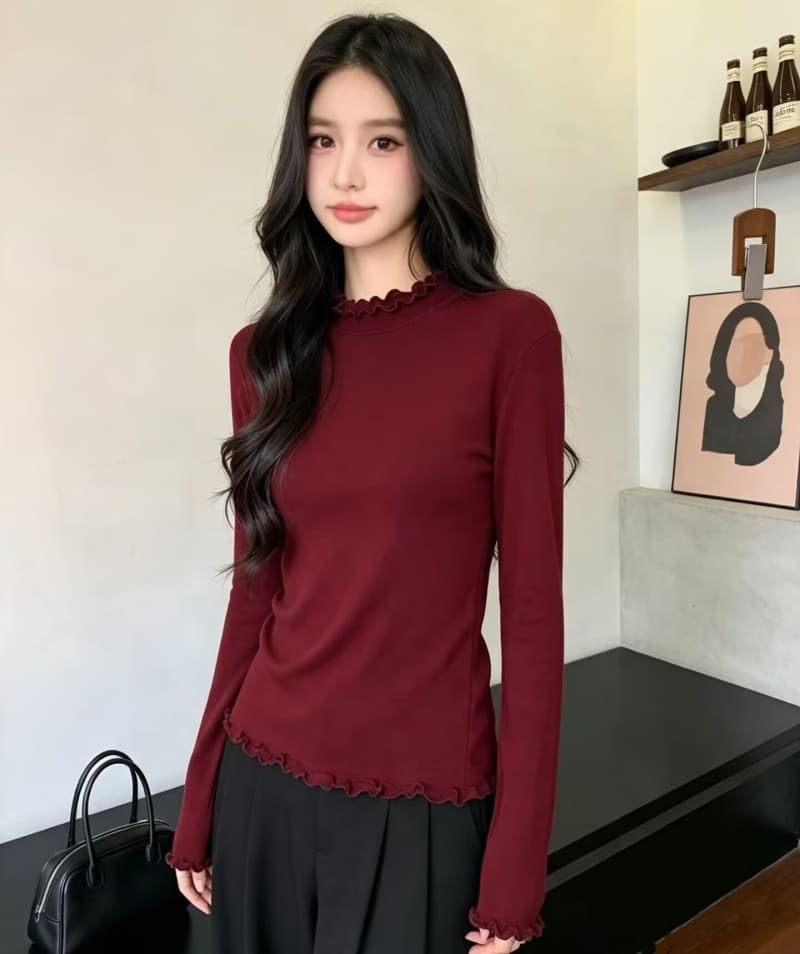 프릴 반하이넥 기본 셔츠 여성 가을 단색 인사이드 가져 가라. 몸매 가꾸기 슬림해 보이는 긴팔 티셔츠 미니멀리즘 다용도 맨위 상세 이미지 3