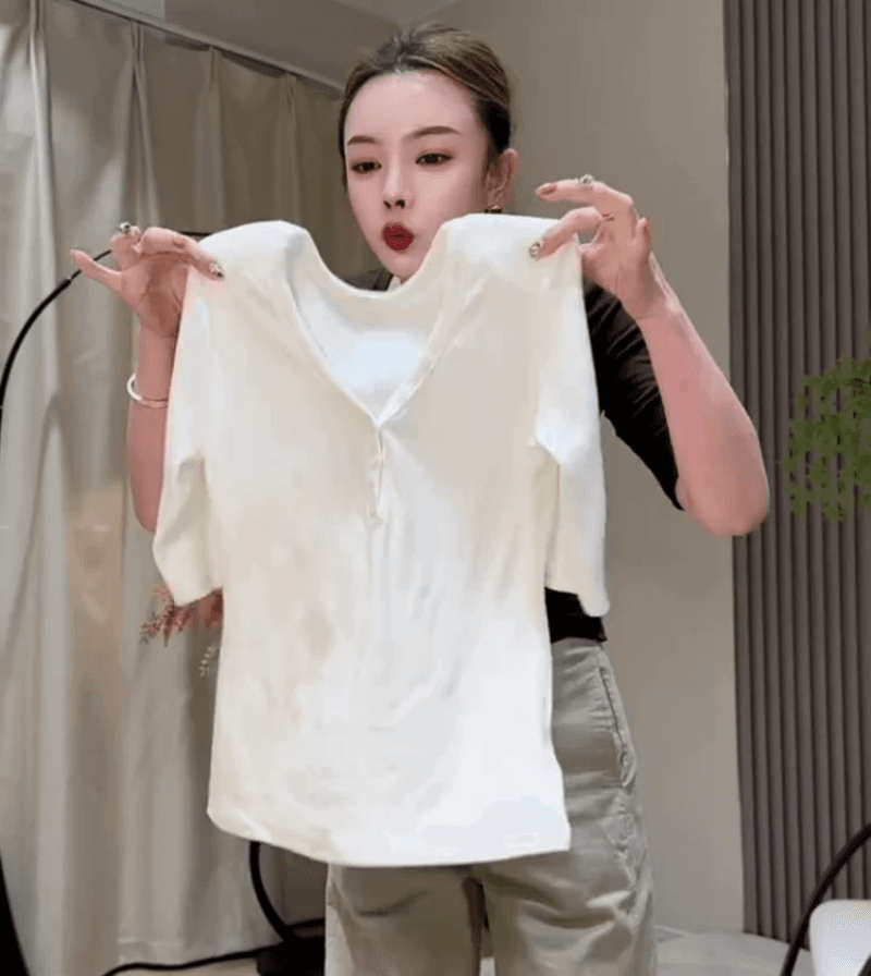 프랑스식 미니멀리즘 단추 V넥 중간 소매 티셔츠 이른 가을 외국 가스 슬림해 보이는 신축성 기본 셔츠 품격 허리 수축 다용도 맨위 이미지 4