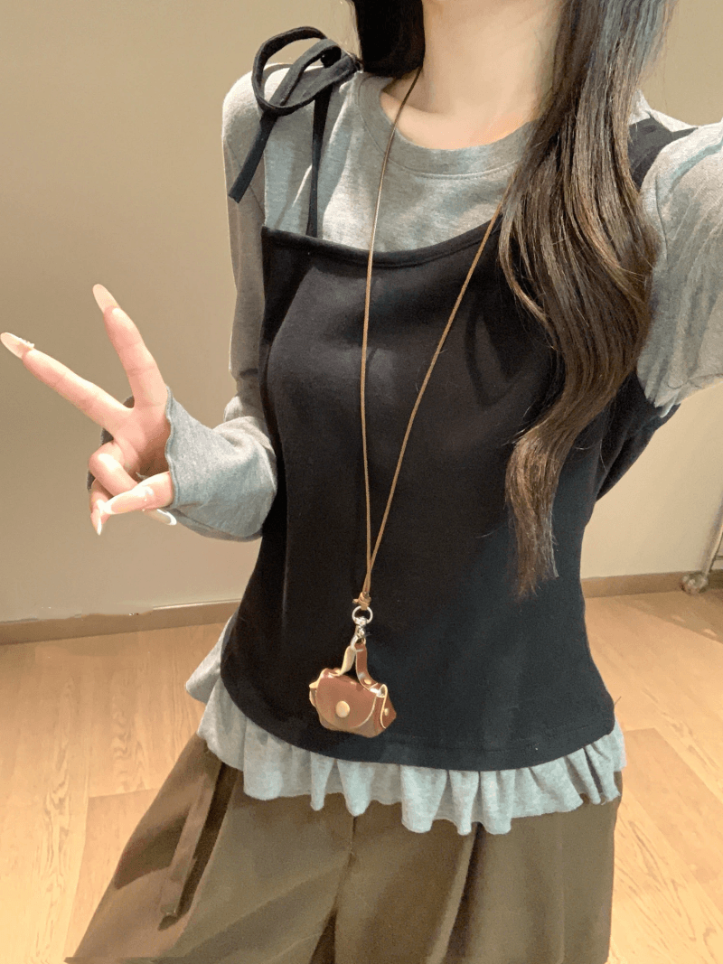 한 부서 페이크 레이어드 패치워크 라운드 넥 스트랩 긴팔 티셔츠 여성 가을 프릴 몸매 가꾸기 스택 착용 기본 셔츠 맨위 이미지 2