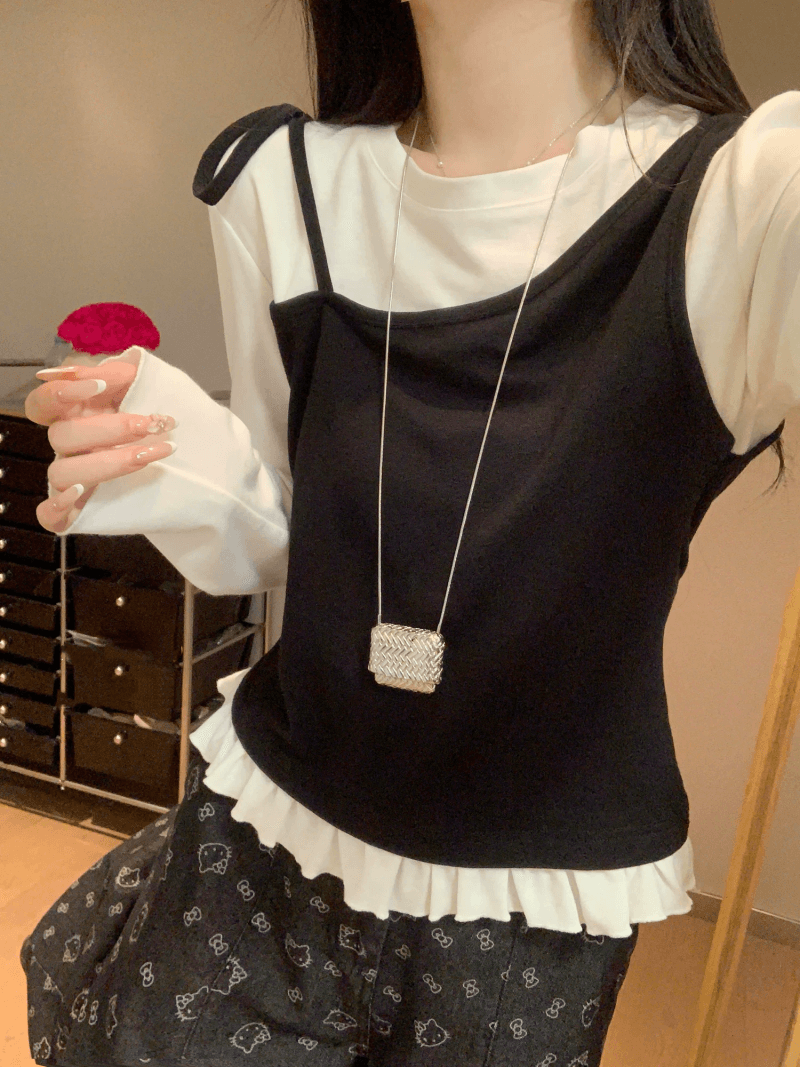 한 부서 페이크 레이어드 패치워크 라운드 넥 스트랩 긴팔 티셔츠 여성 가을 프릴 몸매 가꾸기 스택 착용 기본 셔츠 맨위 상세 이미지 5