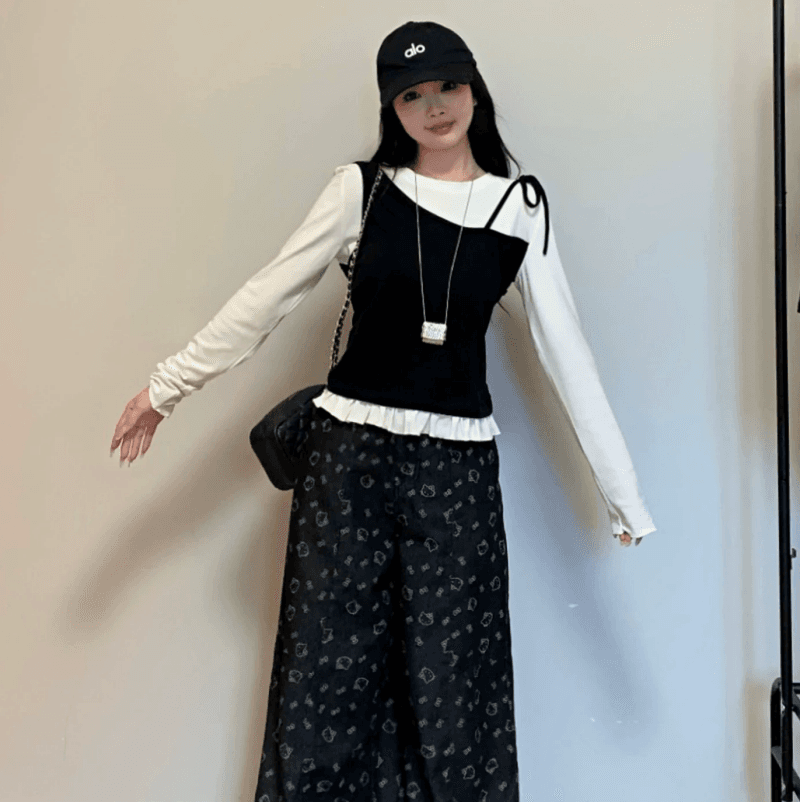 한 부서 페이크 레이어드 패치워크 라운드 넥 스트랩 긴팔 티셔츠 여성 가을 프릴 몸매 가꾸기 스택 착용 기본 셔츠 맨위 상세 이미지 6