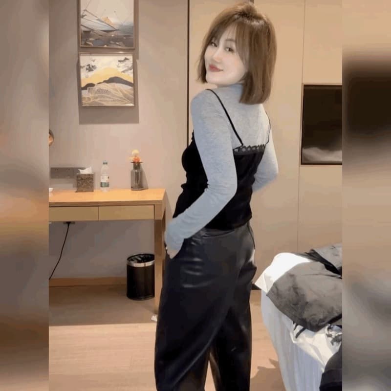 배색 페이크 레이어드 벨벳 슬립 패치워크 긴팔 티셔츠 2026 가을 새로운 세련된 외국 가스 슬림해 보이는 맨위 여성 이미지 5