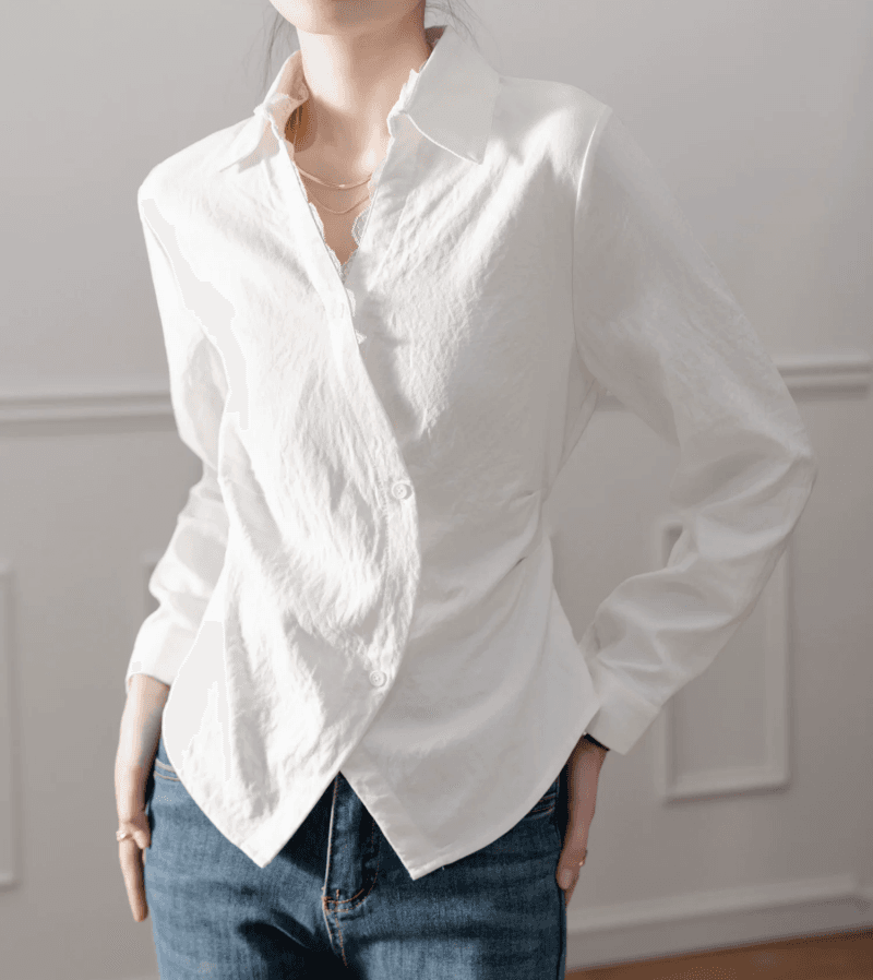 2026 가을 디자인 센스 작은 대중 한 부서 품격 주름 허리 수축 불규칙 패치워크 레이스 레이스 긴팔 셔츠 상세 이미지 1