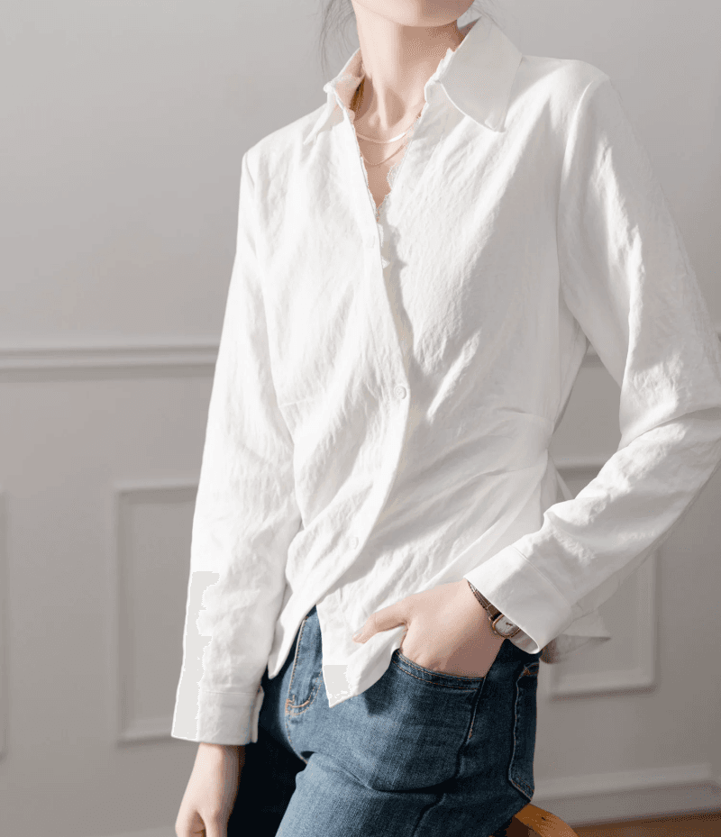 2026 가을 디자인 센스 작은 대중 한 부서 품격 주름 허리 수축 불규칙 패치워크 레이스 레이스 긴팔 셔츠 상세 이미지 6