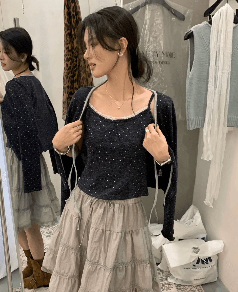 한 부서 달콤함 레이스 조각 인사이드 가져 가라. 캐미솔 도트 무늬 레이스업 긴팔 오픈 가디건 여성 가을 2026 투피스 세트 상세 이미지 6