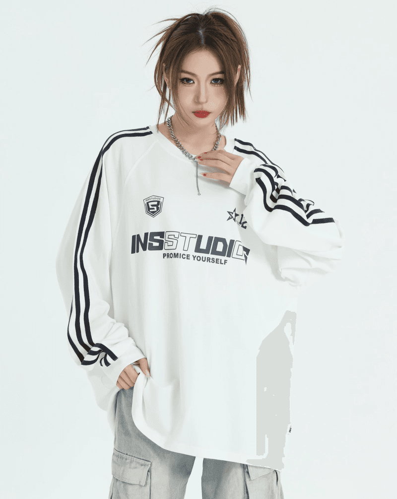 아메리칸 레트로 3개 바 삽입 어깨 긴팔 루즈핏 라운드 넥 티셔츠 여성 2026 가을 새로운 빅 사이즈 캐주얼 맨위 상세 이미지 6