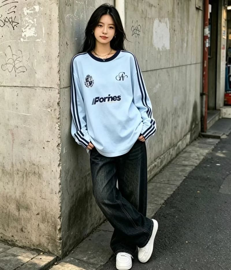 가을 의상 아메리칸 레트로 학원 스타일 알파벳 프린트 배색 스트라이프 긴팔 티셔츠 여성 루즈핏 다용도 연령 감소 맨위 이미지 3