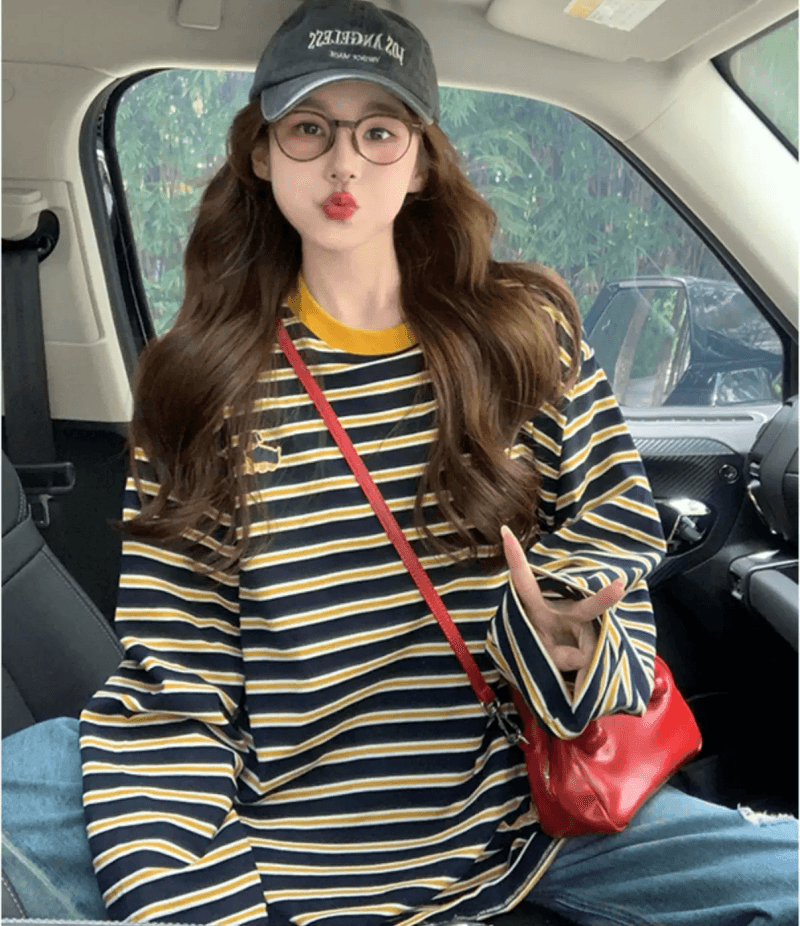 아메리칸 스트라이프 긴팔 티셔츠 여성 2026 가을 새로운 강아지 자수 레트로 디자인 센스 루즈핏 기본 셔츠 맨위