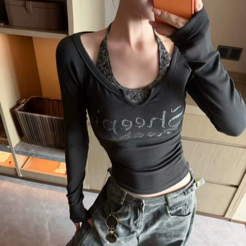 아메리칸 핫걸 바람 레오파드 무늬 행침 목 조끼 알파벳 프린트 긴팔 티셔츠 투피스 세트 가을 착용 잡아라. 의류 여성 의류 이미지 5