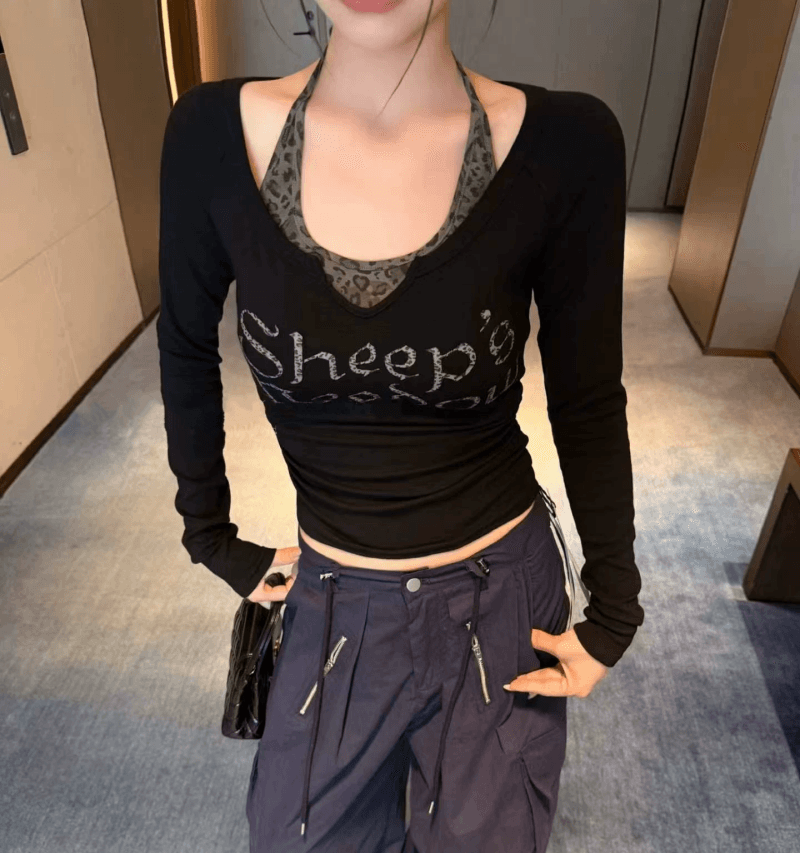 아메리칸 핫걸 바람 레오파드 무늬 행침 목 조끼 알파벳 프린트 긴팔 티셔츠 투피스 세트 가을 착용 잡아라. 의류 여성 의류 상세 이미지 7