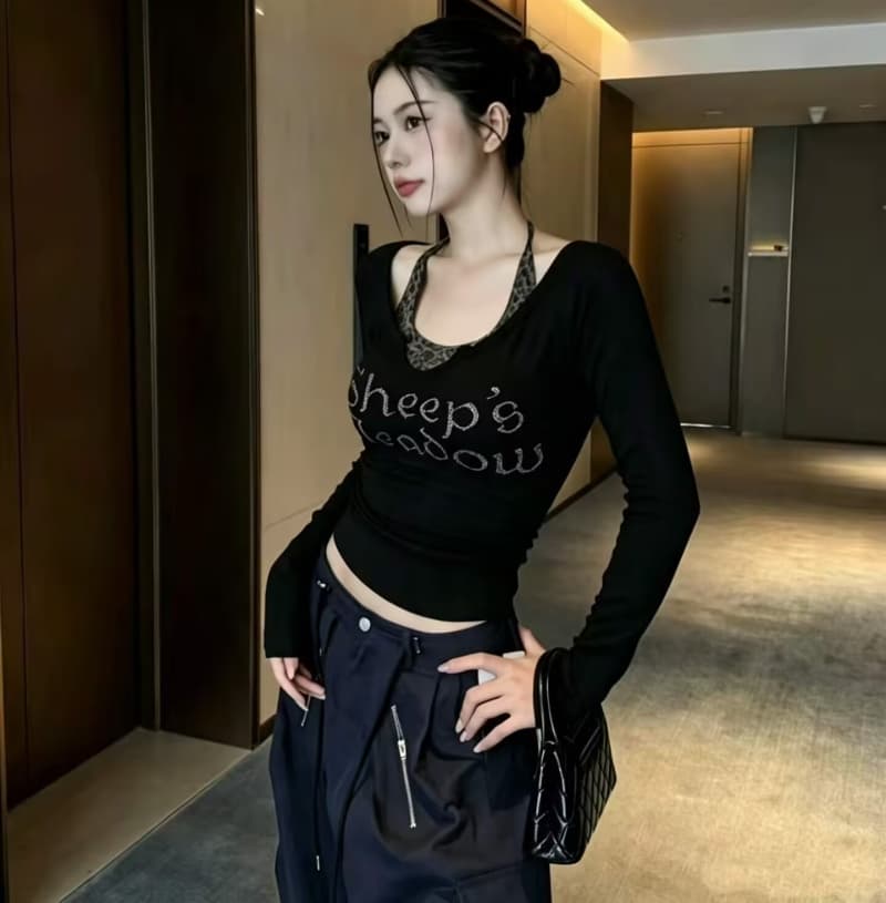 아메리칸 핫걸 바람 레오파드 무늬 행침 목 조끼 알파벳 프린트 긴팔 티셔츠 투피스 세트 가을 착용 잡아라. 의류 여성 의류 상세 이미지 8