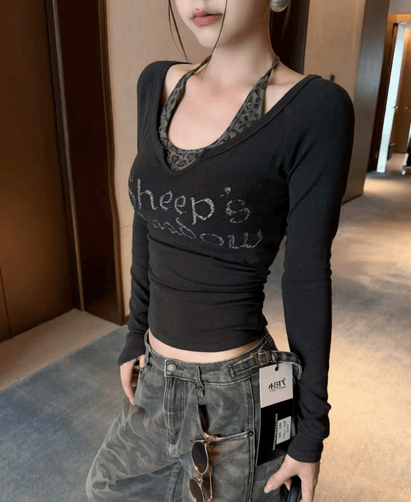 아메리칸 핫걸 바람 레오파드 무늬 행침 목 조끼 알파벳 프린트 긴팔 티셔츠 투피스 세트 가을 착용 잡아라. 의류 여성 의류 상세 이미지 12
