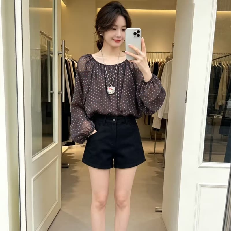 아메리칸 핫걸 고급 센스 오프숄더 레오파드 무늬 도트 무늬 긴팔 시폰 셔츠 여성 이른 가을 이슬 뼈의 오프숄더 쇼트 스타일 맨위 상세 이미지 6