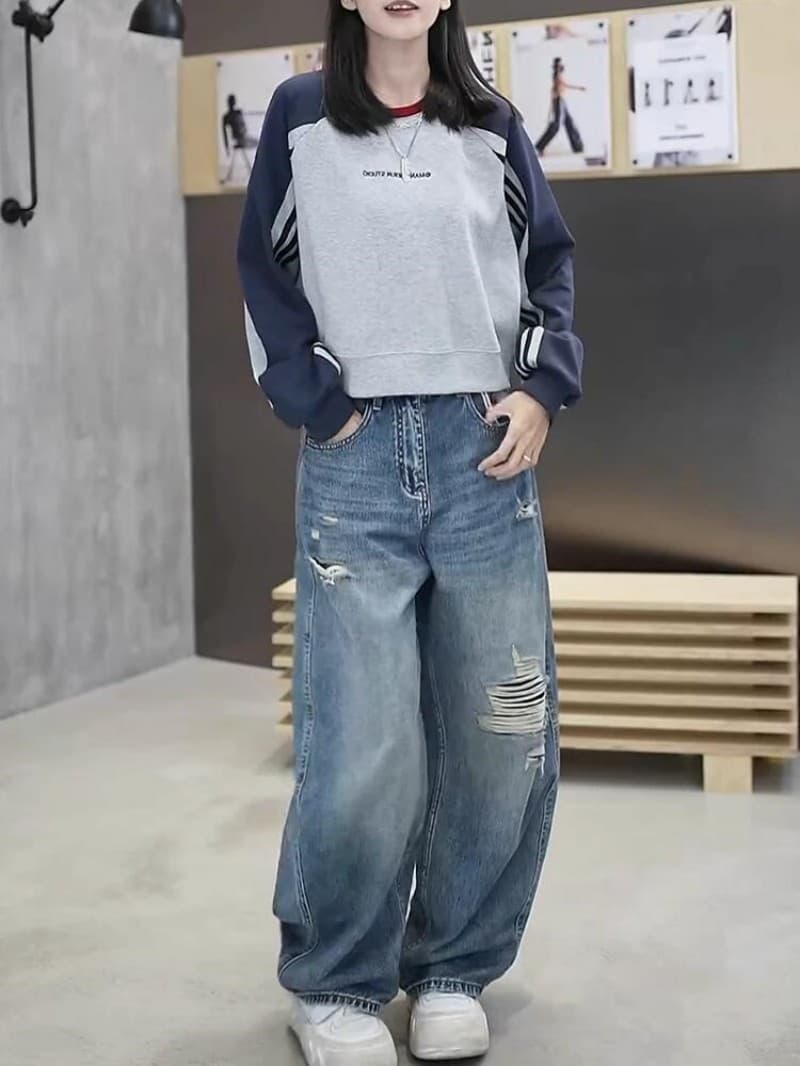 배색 싸움 플러그 어깨 소매 긴팔 후드티 여성 2026 가을 새로운 패션 루즈핏 캐주얼 다용도 슬림해 보이는 맨위 상세 이미지 4