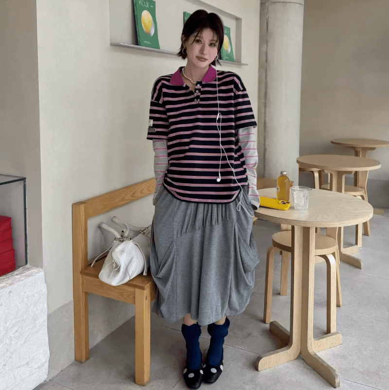 2026 가을 새로운 아메리칸 소매 패치워크 배색 스트라이프 페이크 레이어드 폴로 칼라 긍정적 인 어깨 빅 사이즈 루즈핏 티셔츠 여성 상세 이미지 11