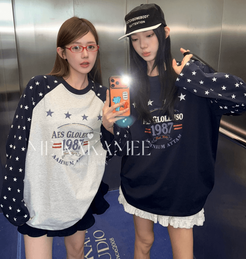 2026 가을 아메리칸 레트로 별 프린트 배색 삽입 어깨 긴팔 루즈핏 티셔츠 여성 대 에디션 슬림해 보이는 맨위 트렌디 상세 이미지 2
