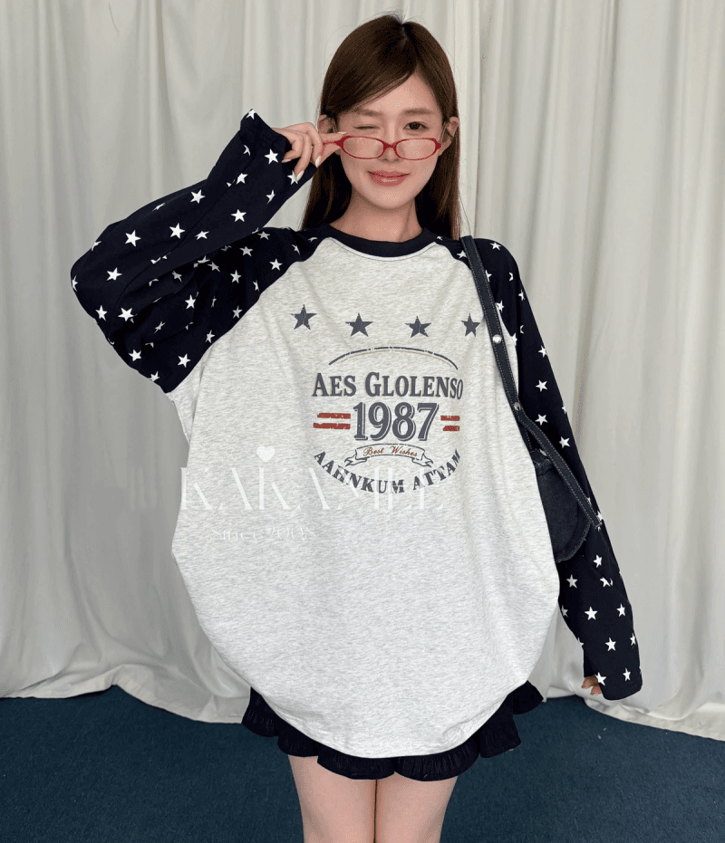 2026 가을 아메리칸 레트로 별 프린트 배색 삽입 어깨 긴팔 루즈핏 티셔츠 여성 대 에디션 슬림해 보이는 맨위 트렌디 상세 이미지 5