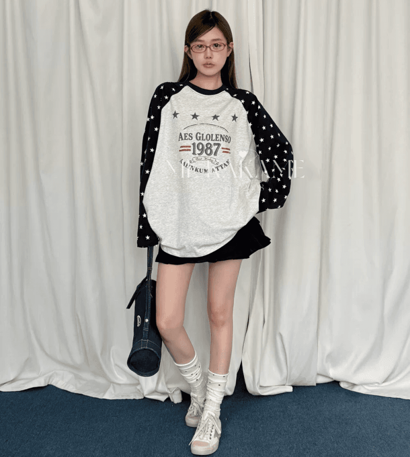 2026 가을 아메리칸 레트로 별 프린트 배색 삽입 어깨 긴팔 루즈핏 티셔츠 여성 대 에디션 슬림해 보이는 맨위 트렌디 상세 이미지 6