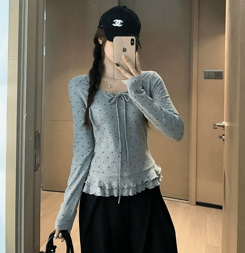 소녀 바람 도트 무늬 프릴 긴팔 티셔츠 여성 가을 디자인 나비 매듭 스트랩 슬림해 보이는 라운드 넥 만나는 맨위 이미지 2