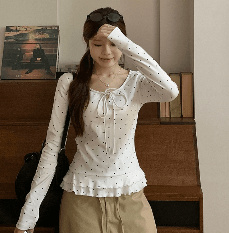소녀 바람 도트 무늬 프릴 긴팔 티셔츠 여성 가을 디자인 나비 매듭 스트랩 슬림해 보이는 라운드 넥 만나는 맨위 상세 이미지 5
