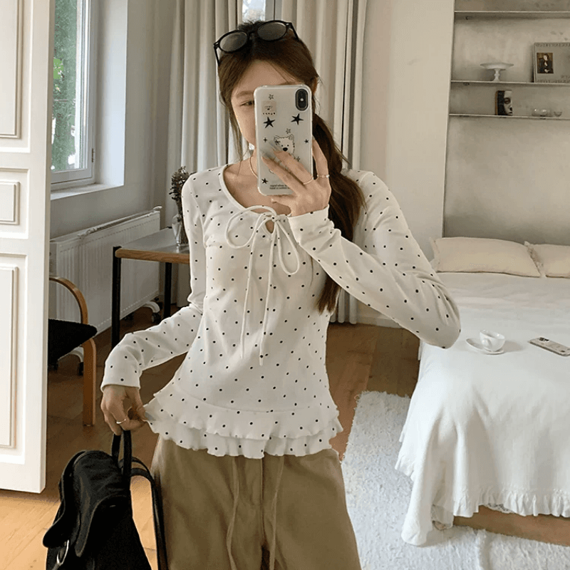소녀 바람 도트 무늬 프릴 긴팔 티셔츠 여성 가을 디자인 나비 매듭 스트랩 슬림해 보이는 라운드 넥 만나는 맨위 상세 이미지 7