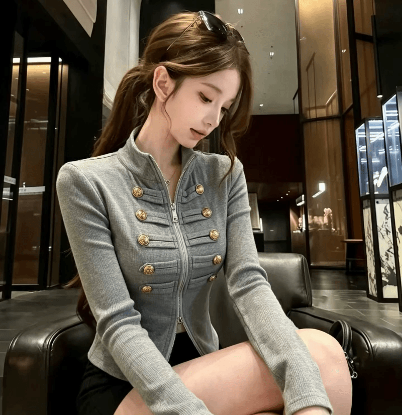 2026 가을 Chic 레트로 스탠드 칼라 지퍼 긴팔 티셔츠 단색 금속 버클 몸매 가꾸기 핫걸 슬림해 보이는 여성 셔츠 이미지 3