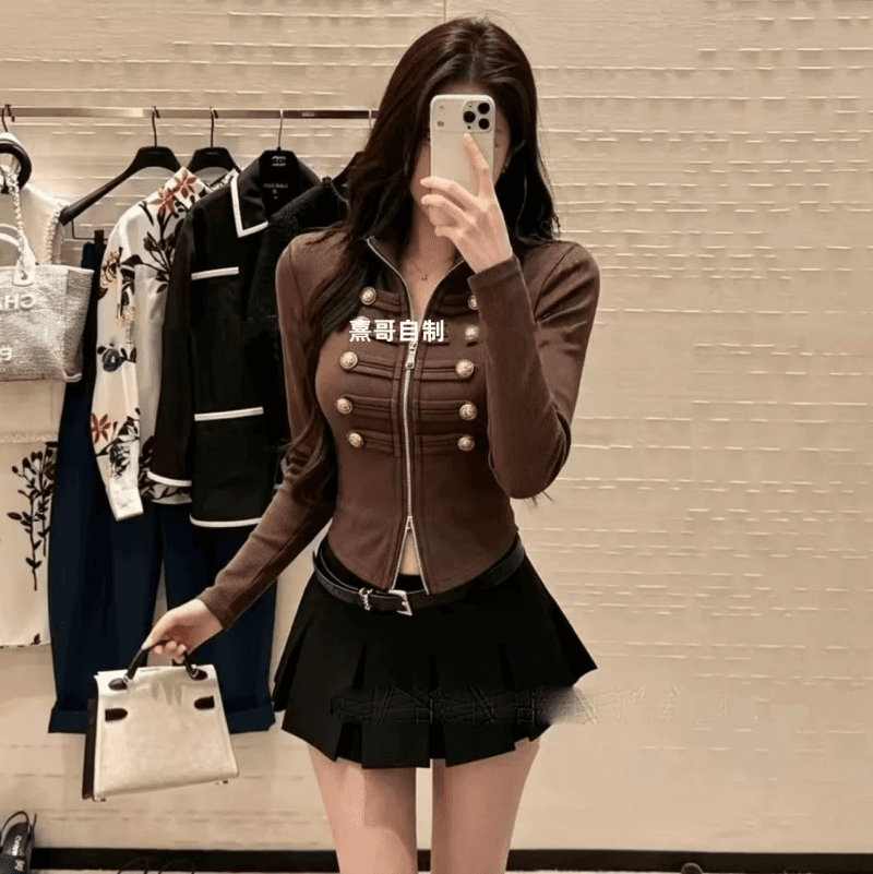 2026 가을 Chic 레트로 스탠드 칼라 지퍼 긴팔 티셔츠 단색 금속 버클 몸매 가꾸기 핫걸 슬림해 보이는 여성 셔츠 상세 이미지 3