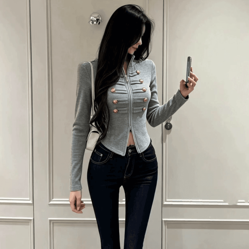 2026 가을 Chic 레트로 스탠드 칼라 지퍼 긴팔 티셔츠 단색 금속 버클 몸매 가꾸기 핫걸 슬림해 보이는 여성 셔츠 상세 이미지 5