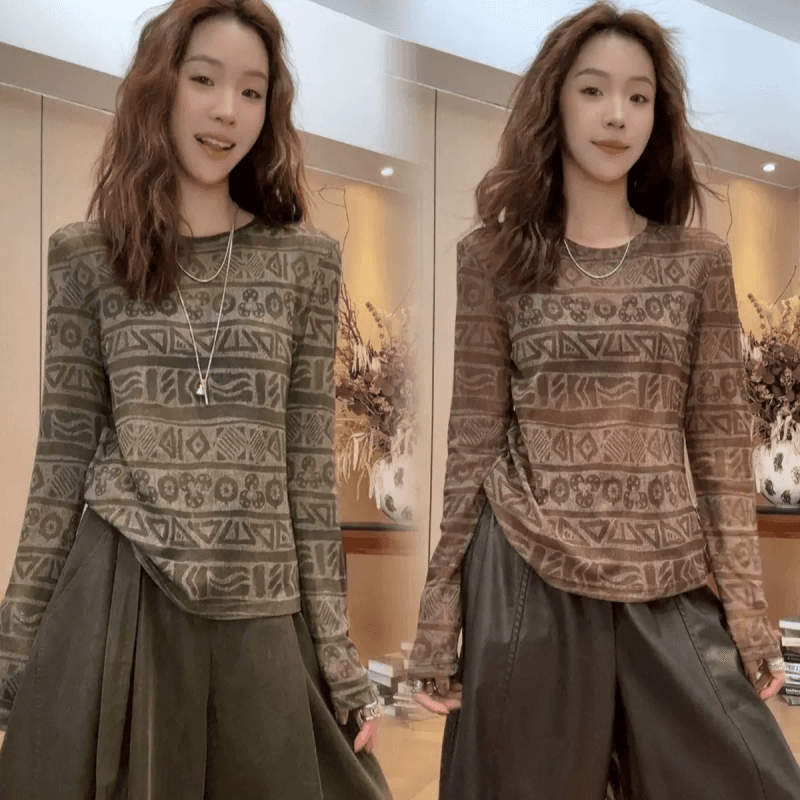 한 스타일 레트로 기하학 프린트 긴팔 티셔츠 여성 가을 루즈핏 라운드 넥 망사 맨위 다용도 폭발 기본 셔츠