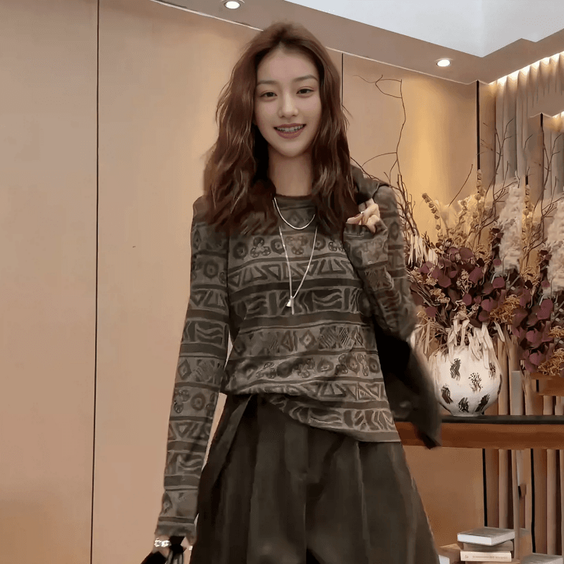 한 스타일 레트로 기하학 프린트 긴팔 티셔츠 여성 가을 루즈핏 라운드 넥 망사 맨위 다용도 폭발 기본 셔츠 이미지 4