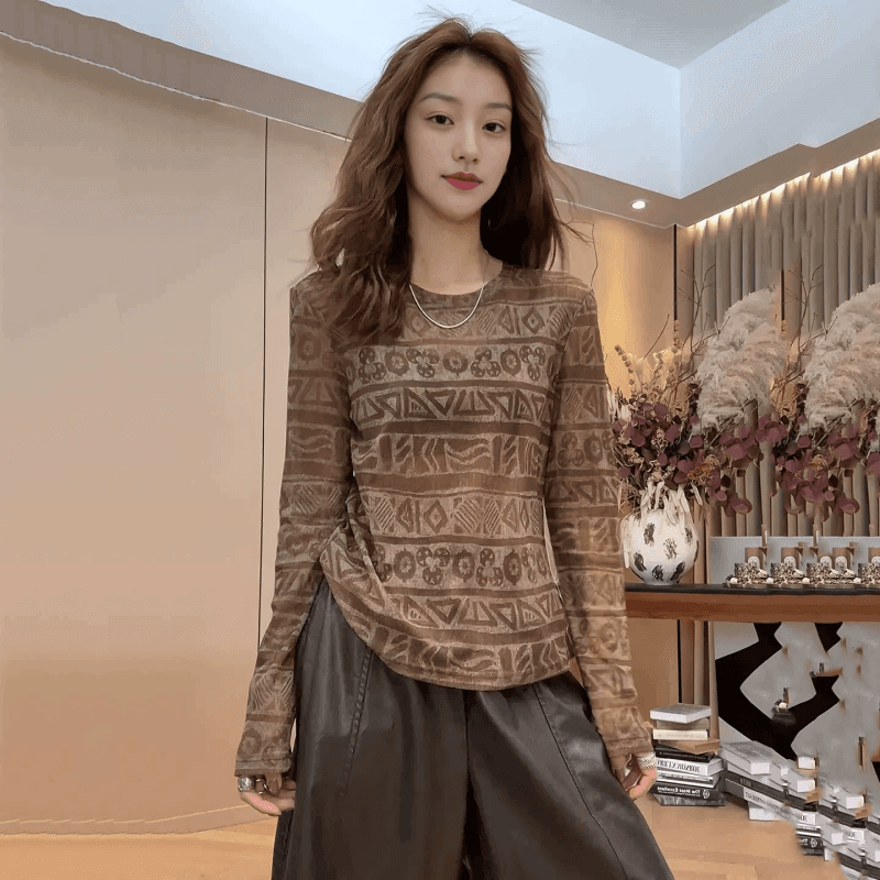 한 스타일 레트로 기하학 프린트 긴팔 티셔츠 여성 가을 루즈핏 라운드 넥 망사 맨위 다용도 폭발 기본 셔츠 이미지 3