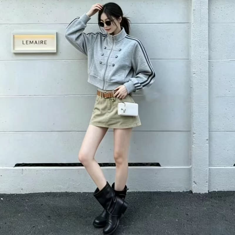 레트로 스탠드 칼라 3개 바 긴팔 후드티 여성 코트 2026 가을 새로운 지퍼 오픈 가디건 자켓 짧은 맨위 상세 이미지 10