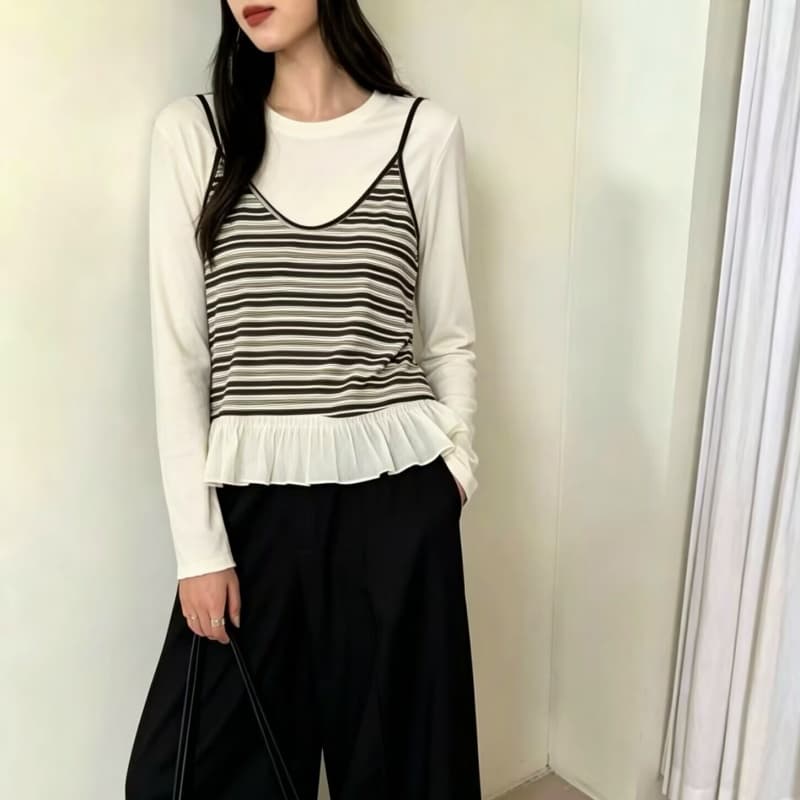 한 부서 캐주얼 프릴 스트라이프 캐미솔 긴팔 티셔츠 두 조각 여성 세트 26 가을 품격 연령 감소 세트 이미지 2