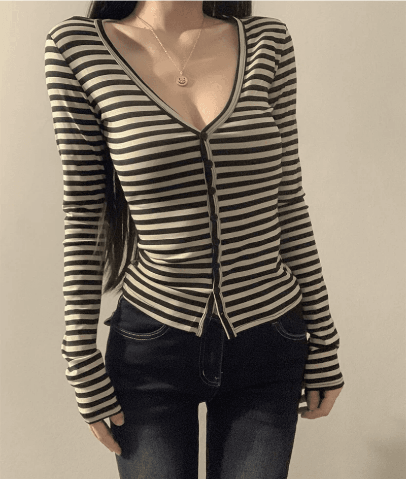 아메리칸 핫걸 단추 오픈 가디건 V넥 스트라이프 긴팔 티셔츠 여성 가을 디자인 센스 허리 수축 인사이드 가져 가라. 기본 셔츠 맨위 상세 이미지 6