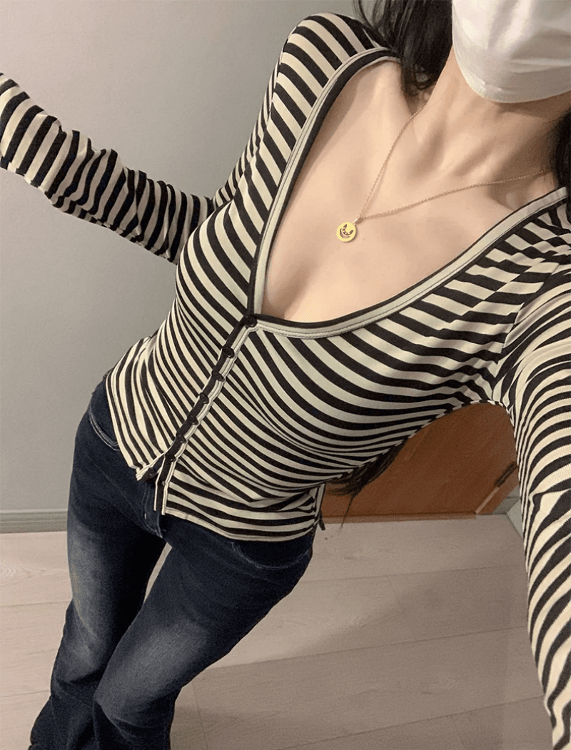 아메리칸 핫걸 단추 오픈 가디건 V넥 스트라이프 긴팔 티셔츠 여성 가을 디자인 센스 허리 수축 인사이드 가져 가라. 기본 셔츠 맨위 상세 이미지 7
