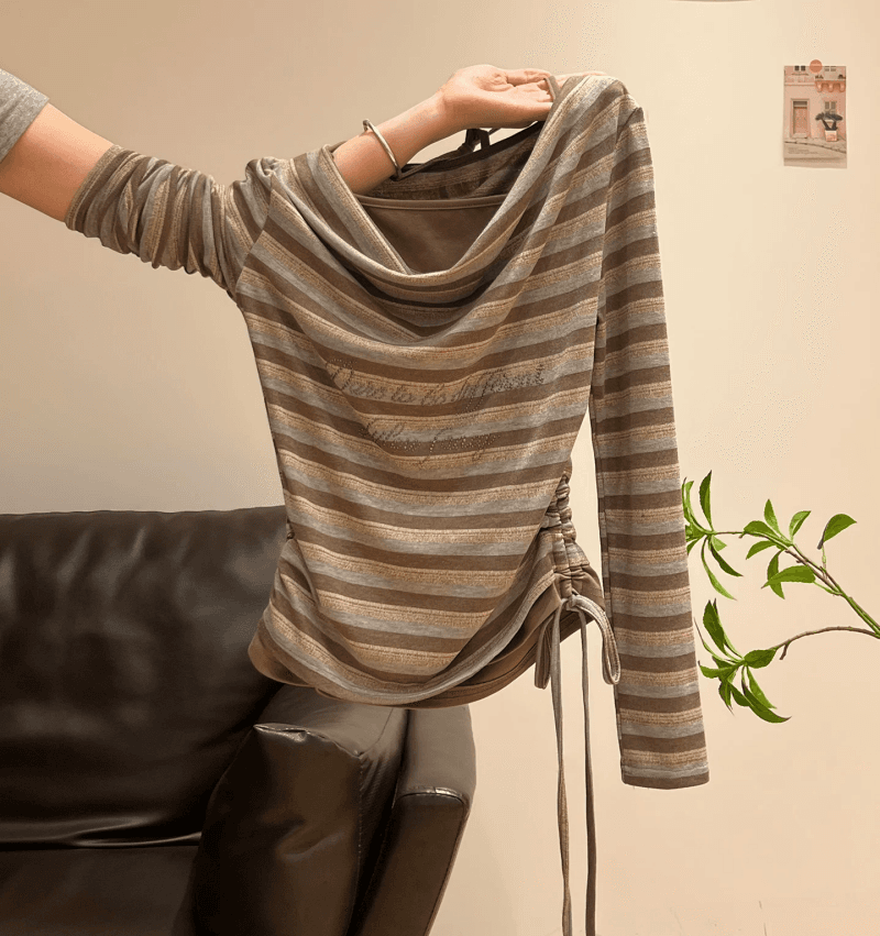 스트라이프 페이크 레이어드 행침 목 레이스업 펌프 로프 허리 수축 흔들다 칼라 긴팔 티셔츠 여성 2026 가을 새로운 몸매 가꾸기 맨위 상세 이미지 4