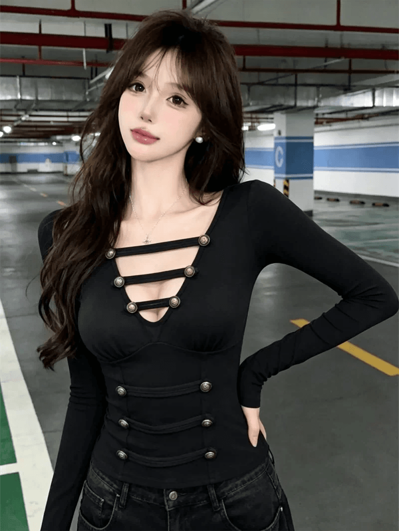순수한 욕망 섹시함 V넥 몸매 가꾸기 기본 셔츠 여성 디자인 센스 슬림해 보이는 긴팔 티셔츠 가을 품격 고유 한 인사이드 잡아라. 의류 이미지 3