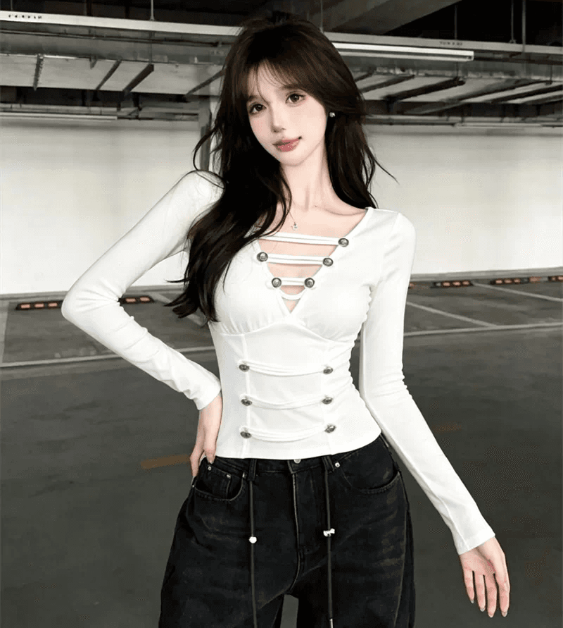 순수한 욕망 섹시함 V넥 몸매 가꾸기 기본 셔츠 여성 디자인 센스 슬림해 보이는 긴팔 티셔츠 가을 품격 고유 한 인사이드 잡아라. 의류 이미지 2