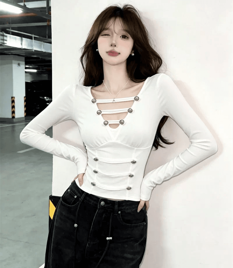 순수한 욕망 섹시함 V넥 몸매 가꾸기 기본 셔츠 여성 디자인 센스 슬림해 보이는 긴팔 티셔츠 가을 품격 고유 한 인사이드 잡아라. 의류 상세 이미지 2