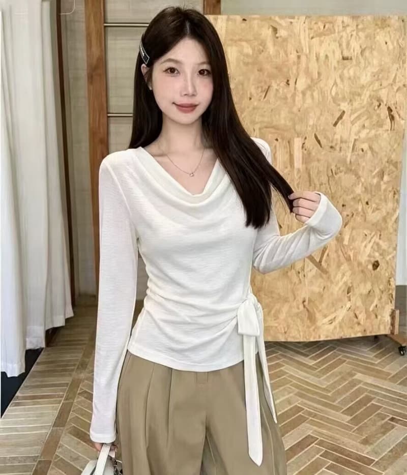 패션 흔들다 칼라 긴팔 티셔츠 여성 가을 새로운 한국 스타일 몸매 가꾸기 레이스업 기본 셔츠 디자인 센스 작은 대중 맨위 상세 이미지 2