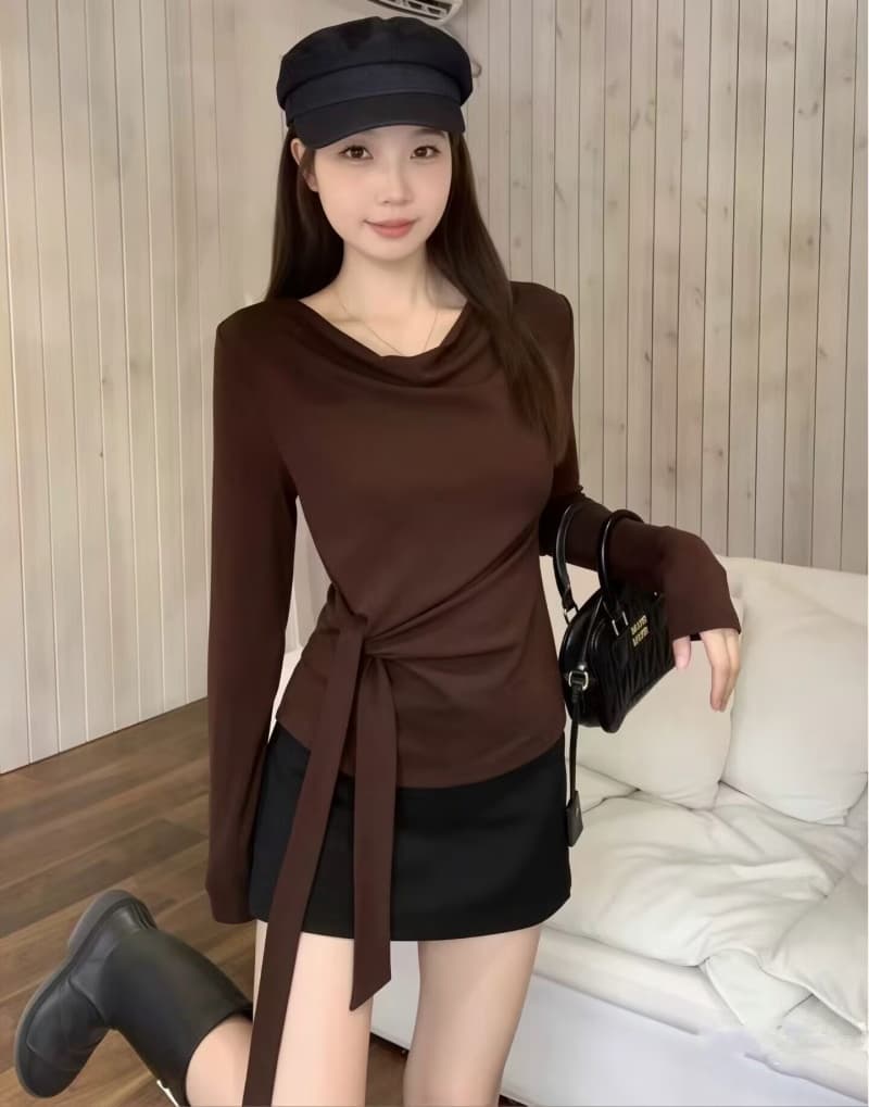 패션 흔들다 칼라 긴팔 티셔츠 여성 가을 새로운 한국 스타일 몸매 가꾸기 레이스업 기본 셔츠 디자인 센스 작은 대중 맨위 상세 이미지 4