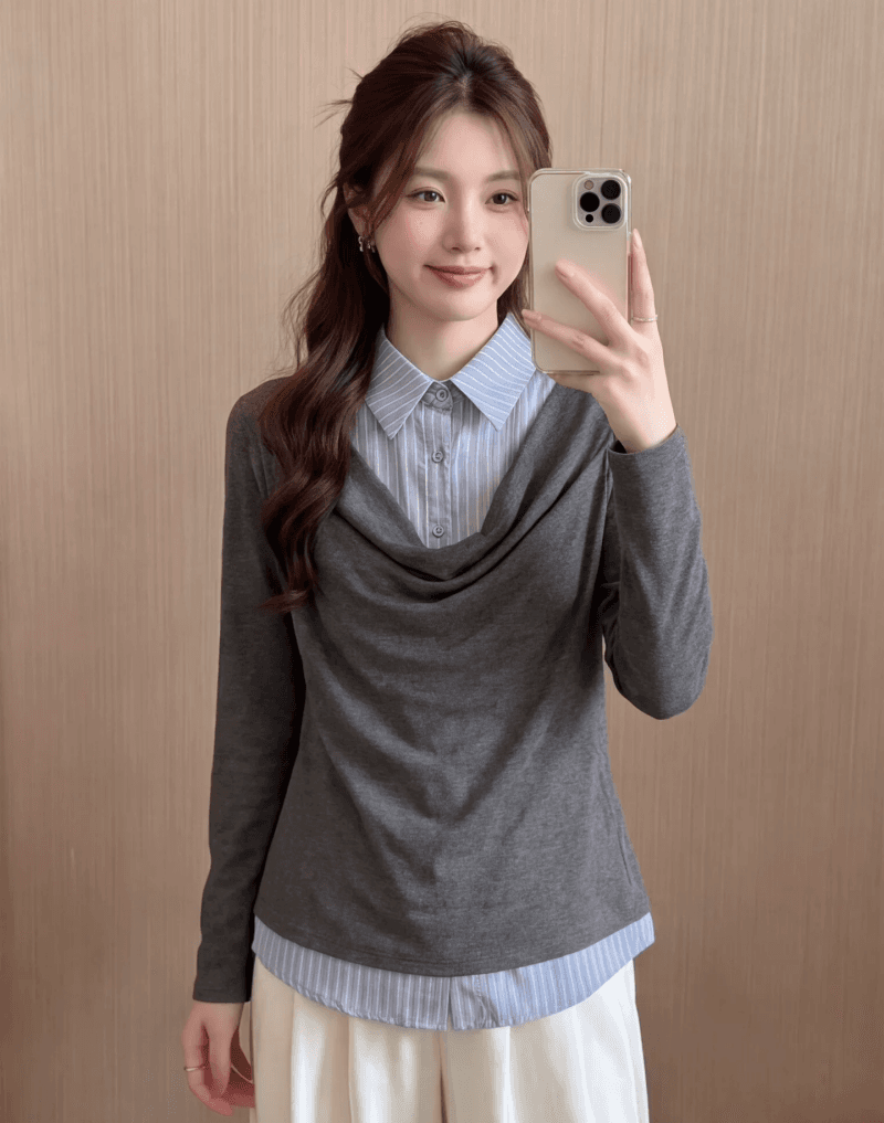 학원 스타일 스트라이프 패치워크 폴로 칼라 페이크 레이어드 맨위 여성 가을 디자인 센스 작은 대중 고유 한 아름다운 긴팔 티셔츠 이미지 3