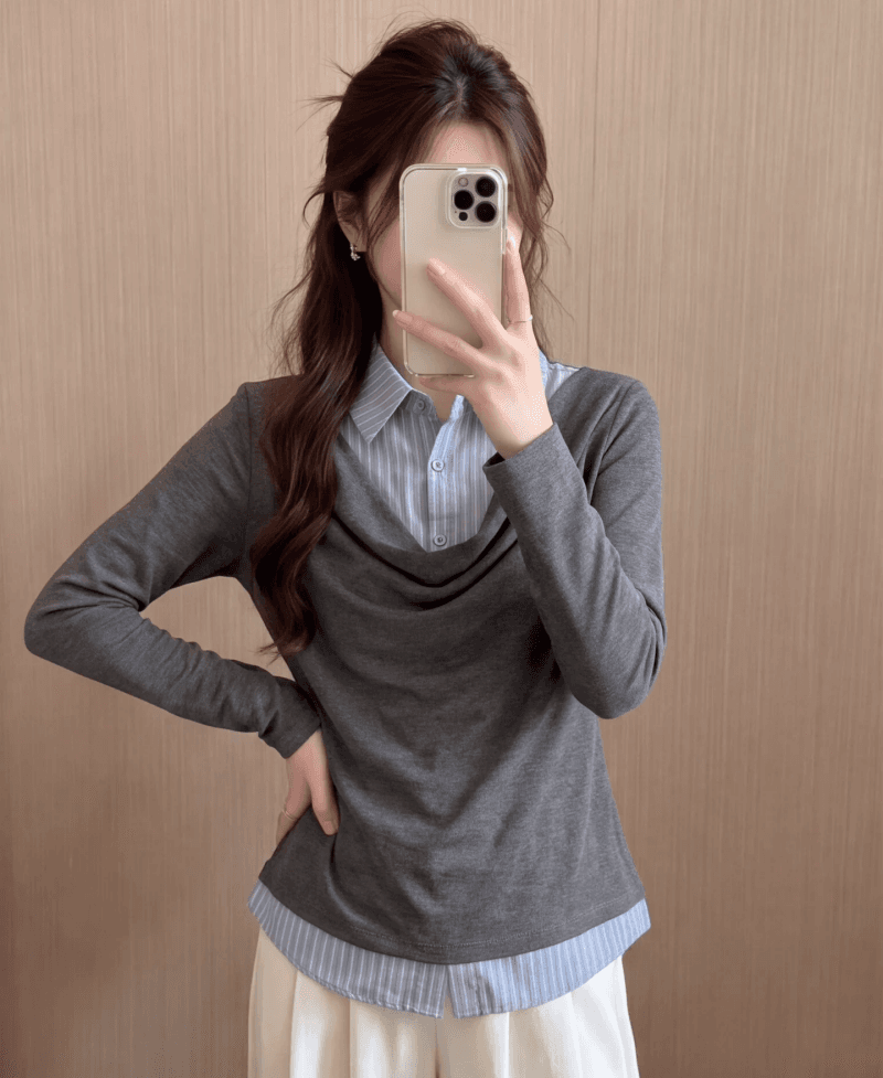 학원 스타일 스트라이프 패치워크 폴로 칼라 페이크 레이어드 맨위 여성 가을 디자인 센스 작은 대중 고유 한 아름다운 긴팔 티셔츠 상세 이미지 1
